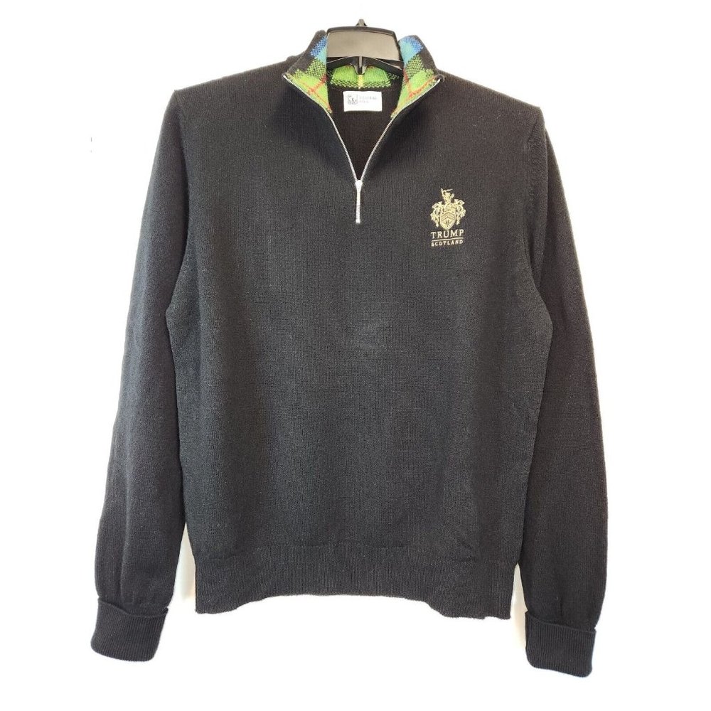 Johnstons Of Elgin 100% Wool 1/4 Quarter Zip Black Sweater XL‎ Trump Crest